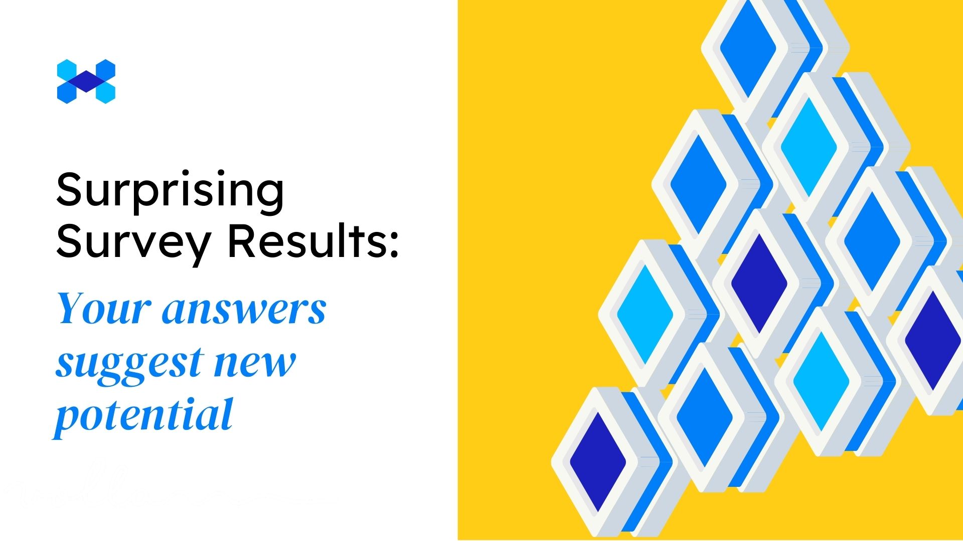 An abstract graphic representing a survey or data analysis, with a blue hexagon shape in the center.