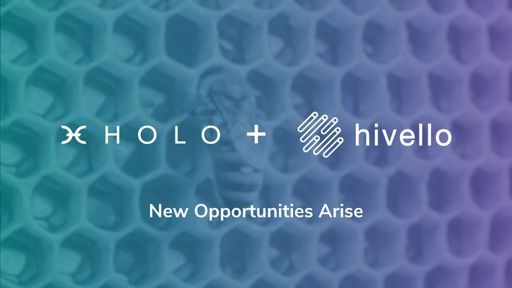 Holo and Hivello logos with connected network illustration
